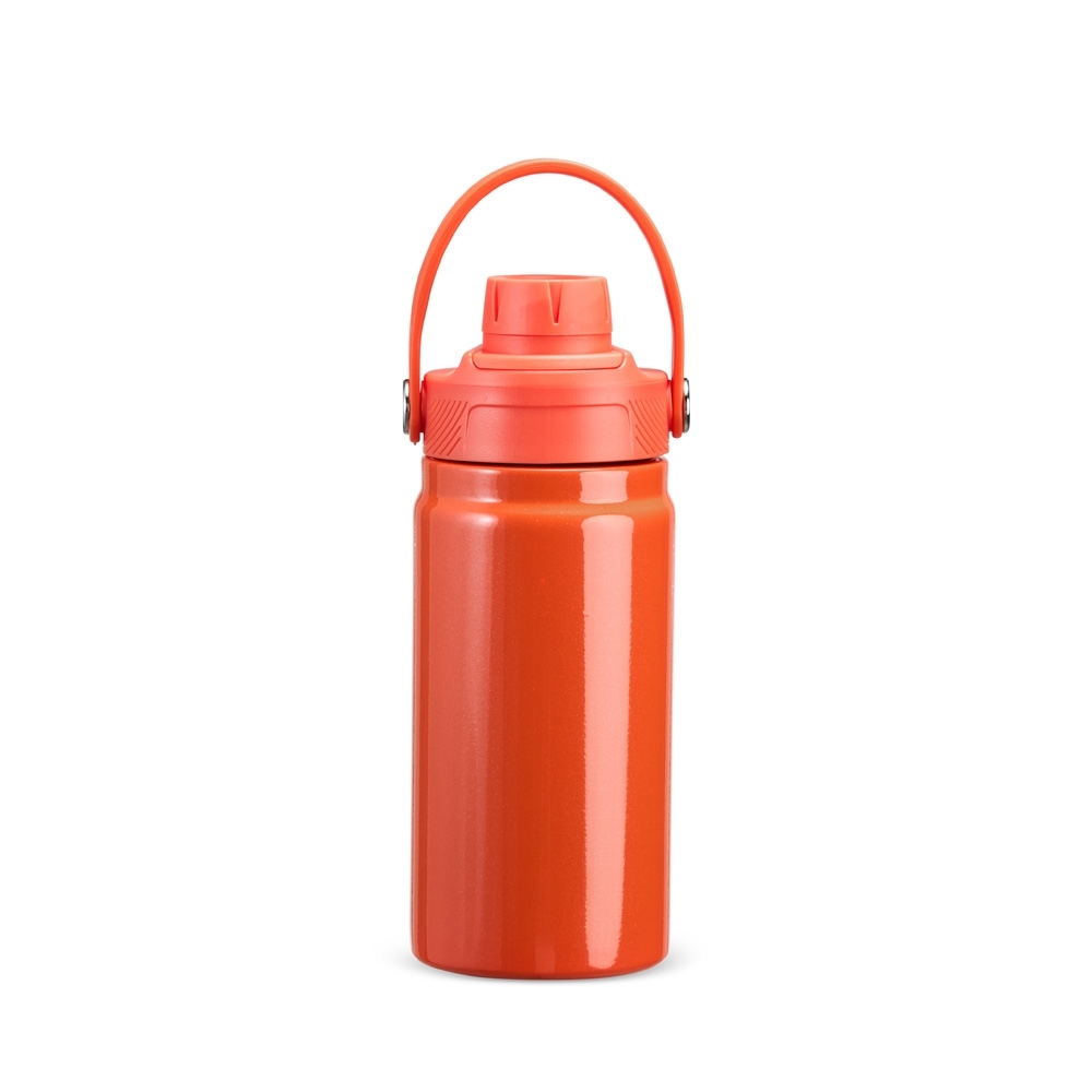 Garrafa térmica 400 ml de inox com alça fixa na tampa personalizada com a logo da empresa, na cor laranja