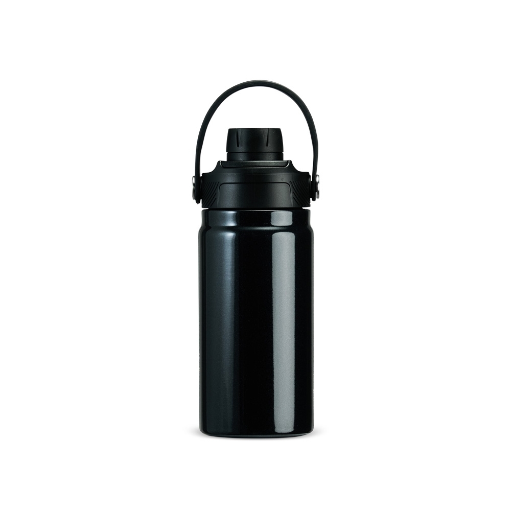 Garrafa térmica 400 ml de inox com alça fixa na tampa na cor Preto, personalizada com a logo da empresa