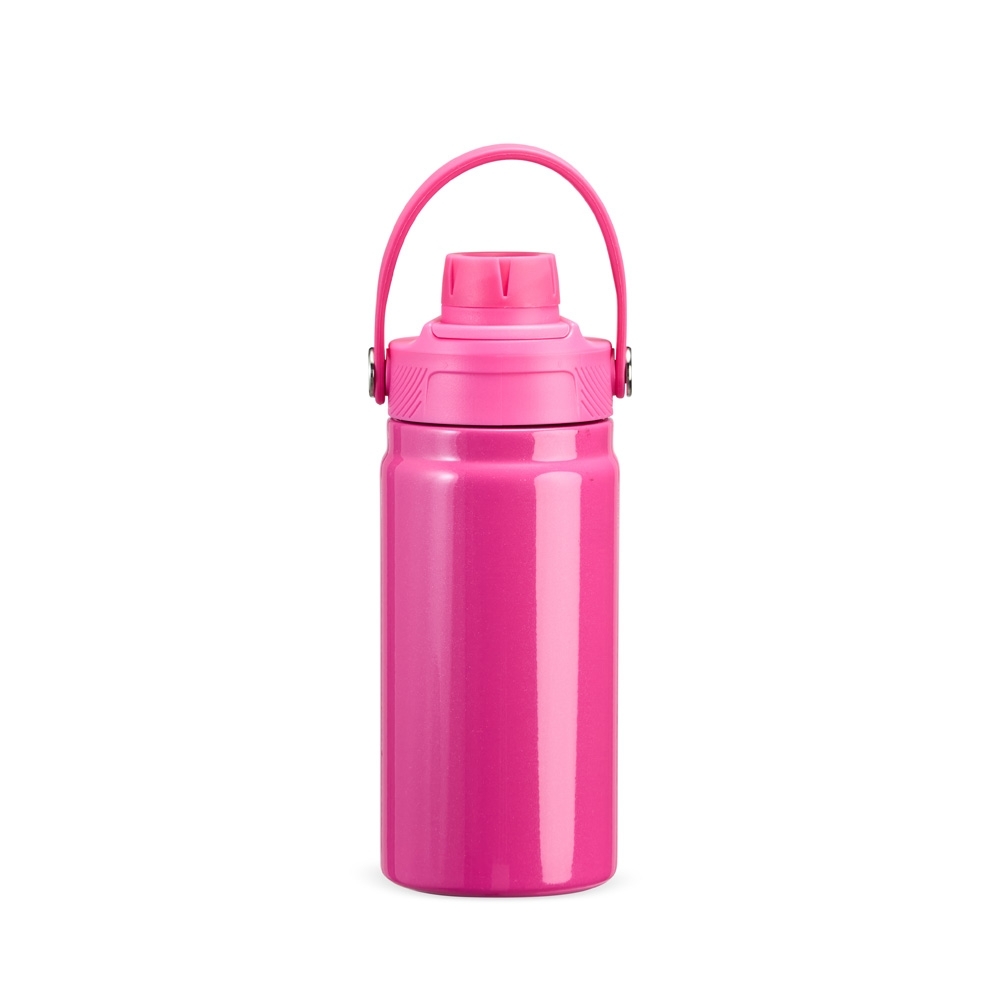 Garrafa térmica 400 ml de inox com alça fixa na tampa personalizada com a logo da empresa, na cor rosa escuro
