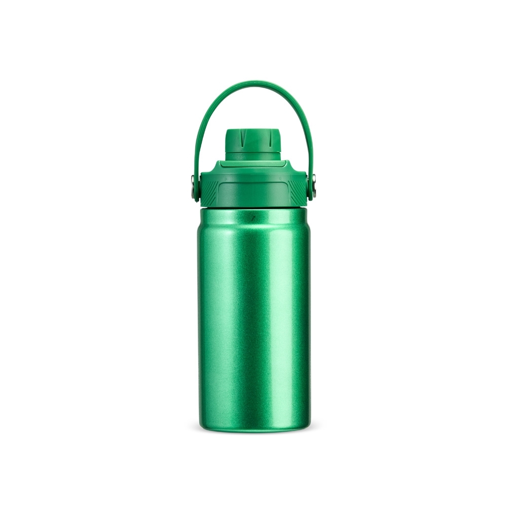 Garrafa térmica 400 ml de inox com alça fixa na tampa personalizada com a logo da empresa, na cor verde