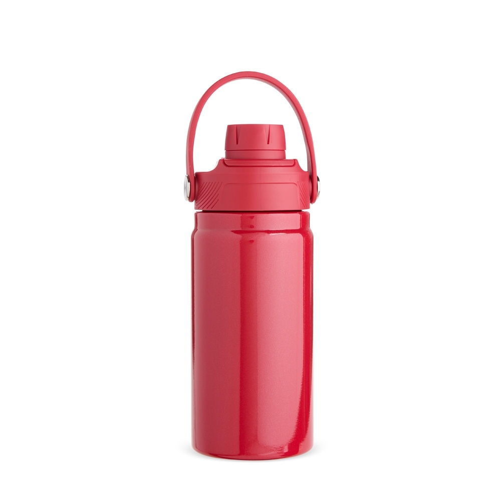 Garrafa térmica 400 ml de inox com alça fixa na tampa personalizada com a logo da empresa, na cor roxo / rosa