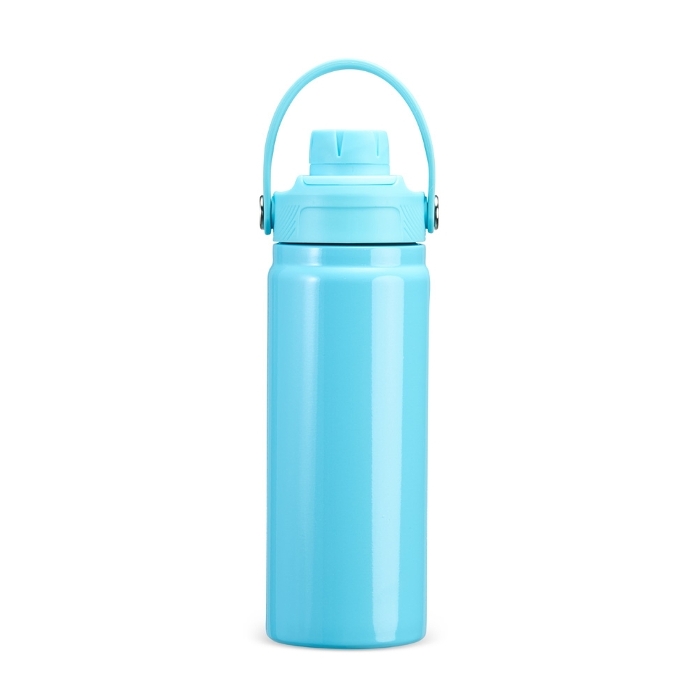 Garrafa térmica 600 ml de inox com alça em arco personalizada com a logo da empresa, na cor azul claro
