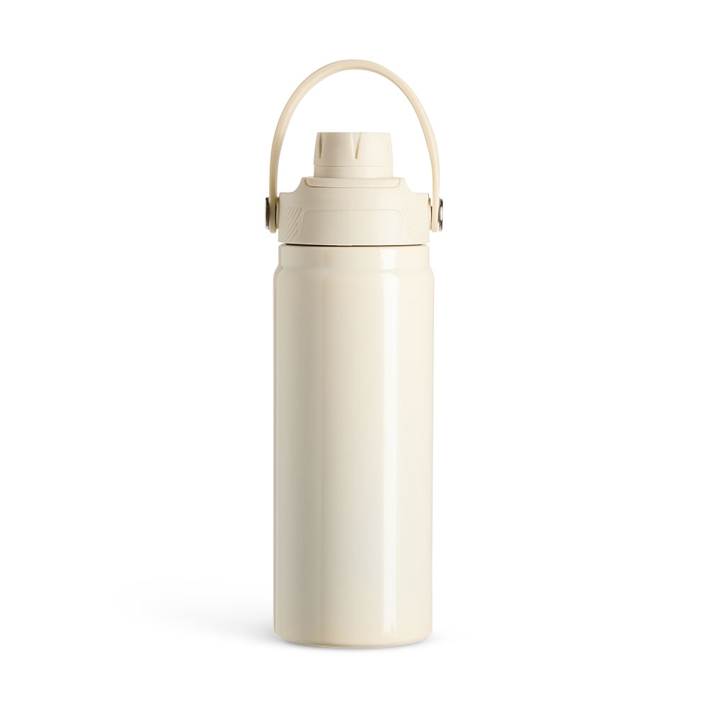 Garrafa térmica 600 ml de inox com alça em arco personalizada com a logo da empresa, na cor creme
