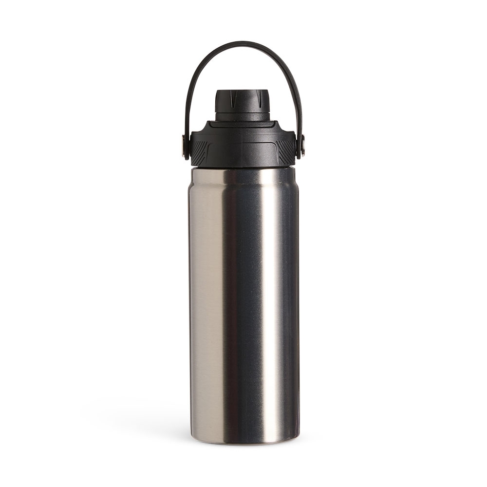 Garrafa térmica 600 ml de inox com alça em arco personalizada com a logo da empresa, na cor inox