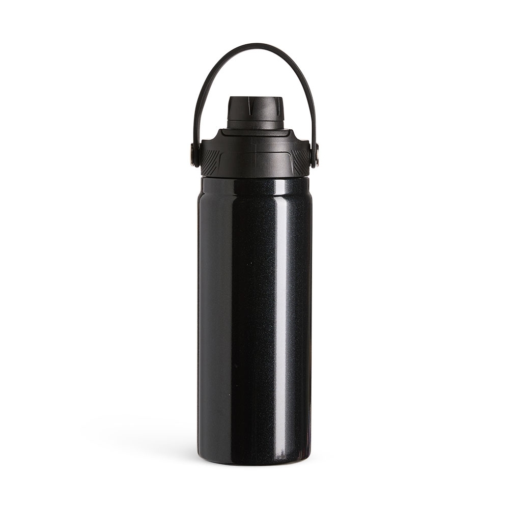 Garrafa térmica 600 ml de inox com alça em arco na cor Preto, personalizada com a logo da empresa