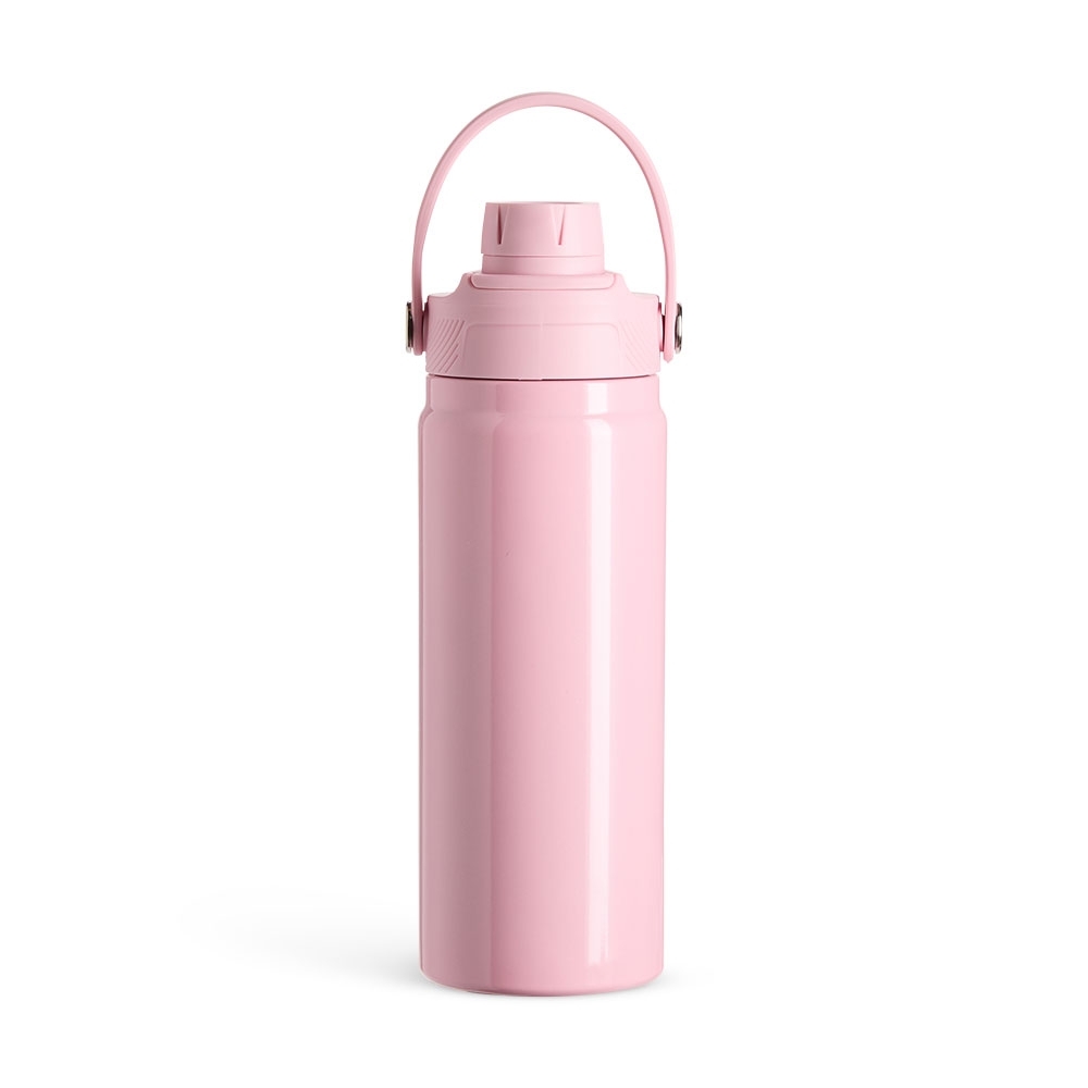 Garrafa térmica 600 ml de inox com alça em arco personalizada com a logo da empresa, na cor rosa