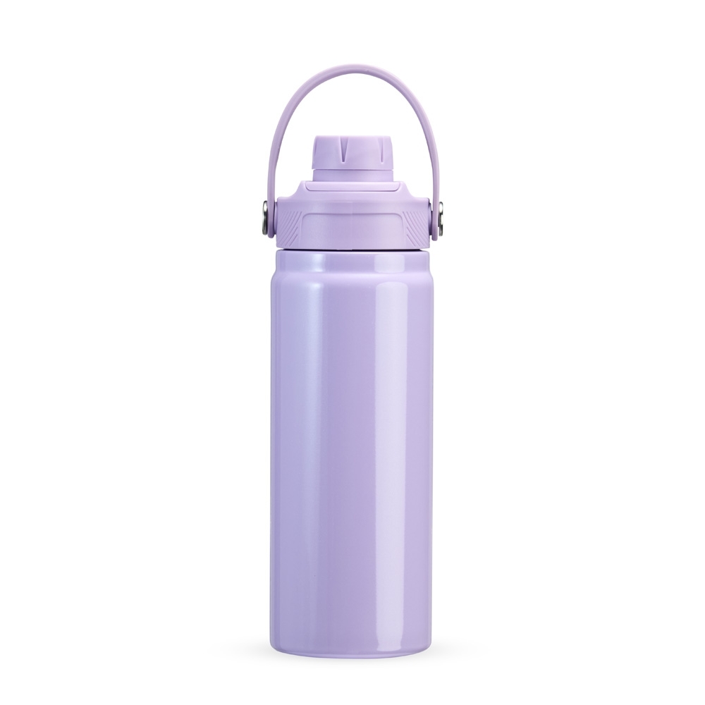 Garrafa térmica 600 ml de inox com alça em arco personalizada com a logo da empresa, na cor roxo