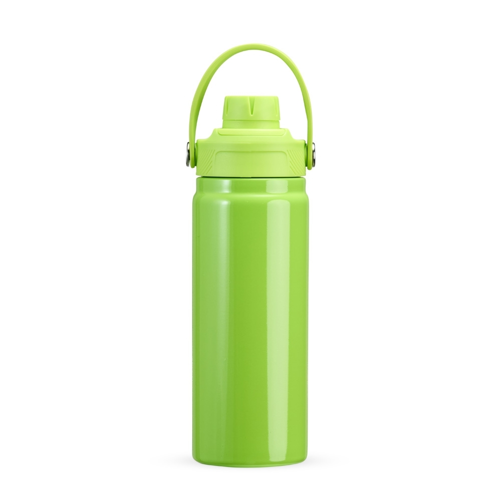Garrafa térmica 600 ml de inox com alça em arco personalizada com a logo da empresa, na cor verde