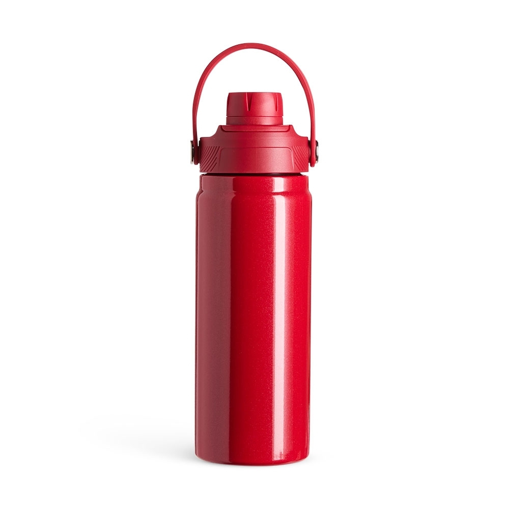 Garrafa térmica 600 ml de inox com alça em arco personalizada com a logo da empresa, na cor vermelho