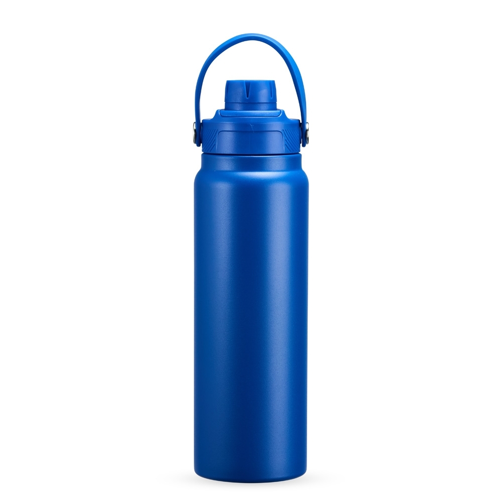 Garrafa térmica 800 ml de inox com protetor de bocal e alça em arco personalizada com a logo da empresa