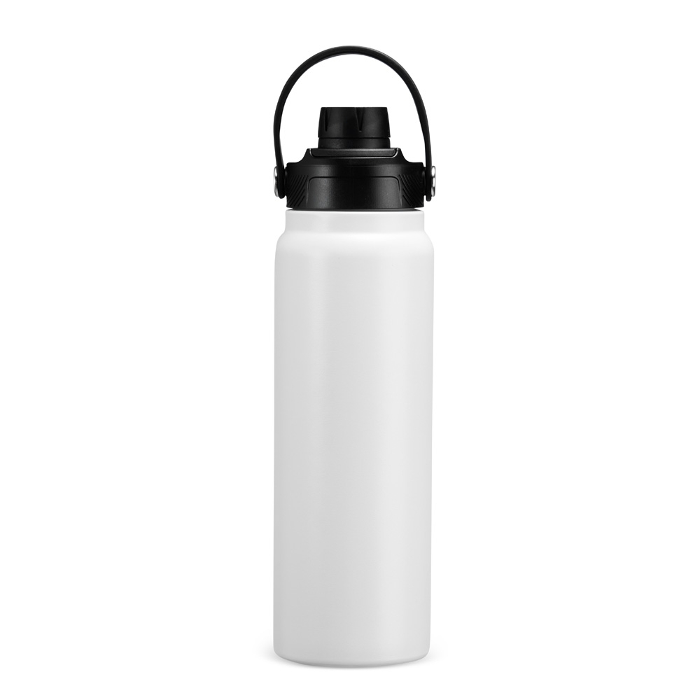 Garrafa térmica 800 ml de inox com protetor de bocal e alça em arco personalizada com a logo da empresa, na cor branco