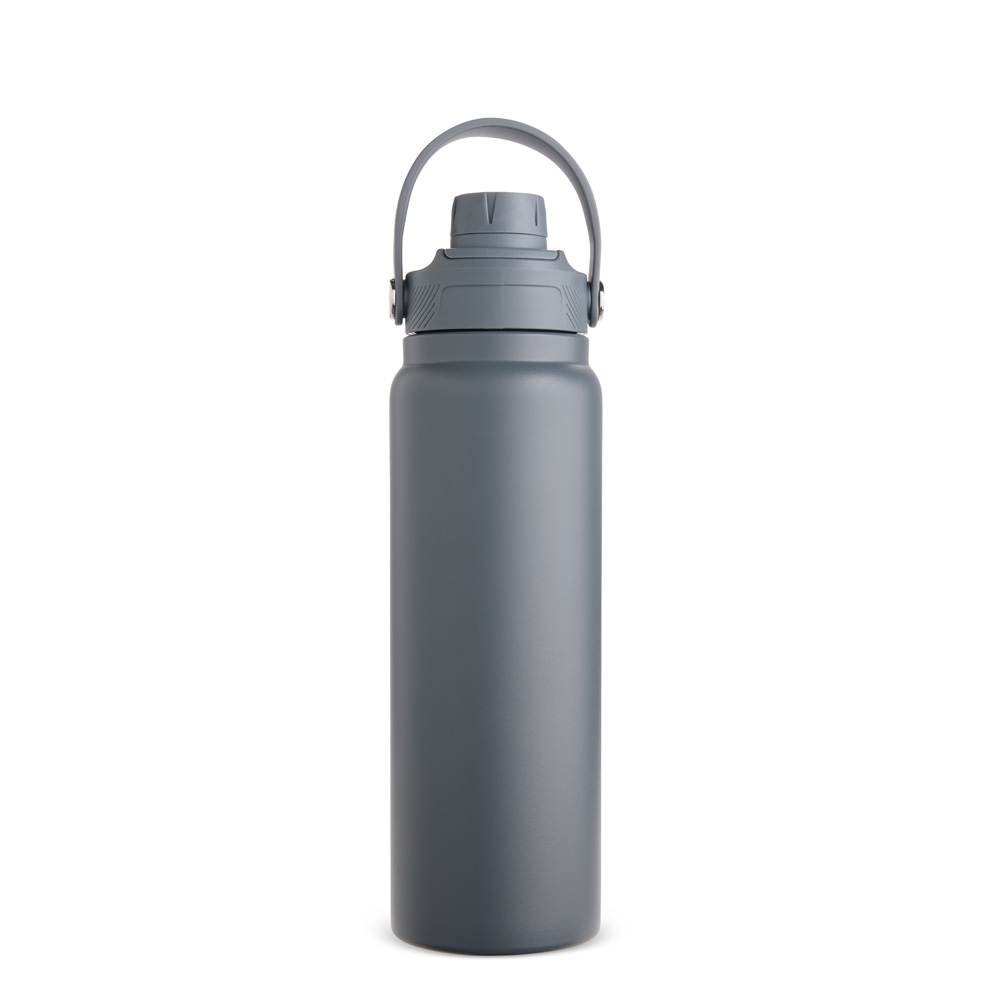 Garrafa térmica 800 ml de inox com protetor de bocal e alça em arco personalizada com a logo da empresa, na cor cinza escuro