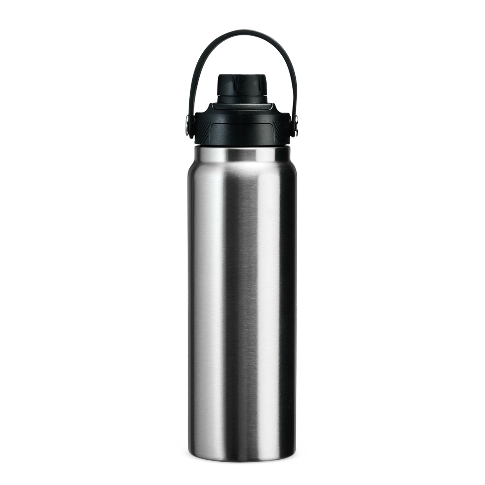 Garrafa térmica 800 ml de inox com protetor de bocal e alça em arco personalizada com a logo da empresa, na cor inox