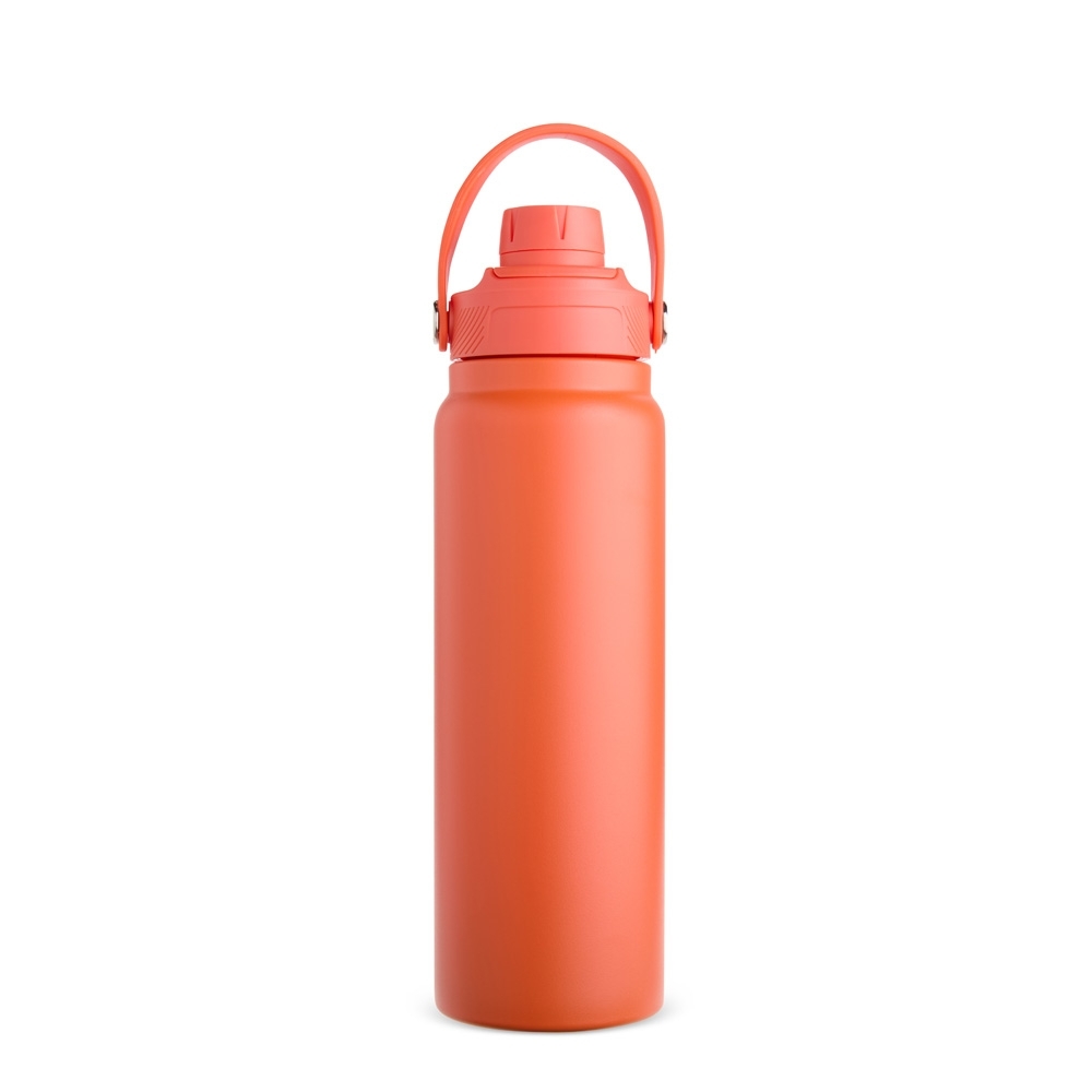 Garrafa térmica 800 ml de inox com protetor de bocal e alça em arco personalizada com a logo da empresa, na cor laranja