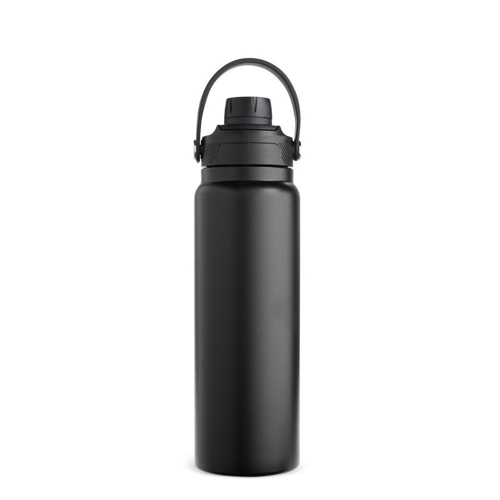 Garrafa térmica 800 ml de inox com protetor de bocal e alça em arco na cor Preto, personalizada com a logo da empresa