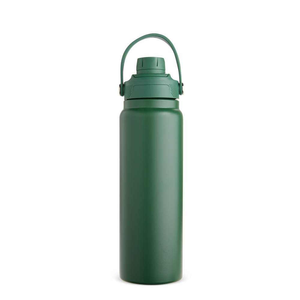 Garrafa térmica 800 ml de inox com protetor de bocal e alça em arco personalizada com a logo da empresa, na cor verde