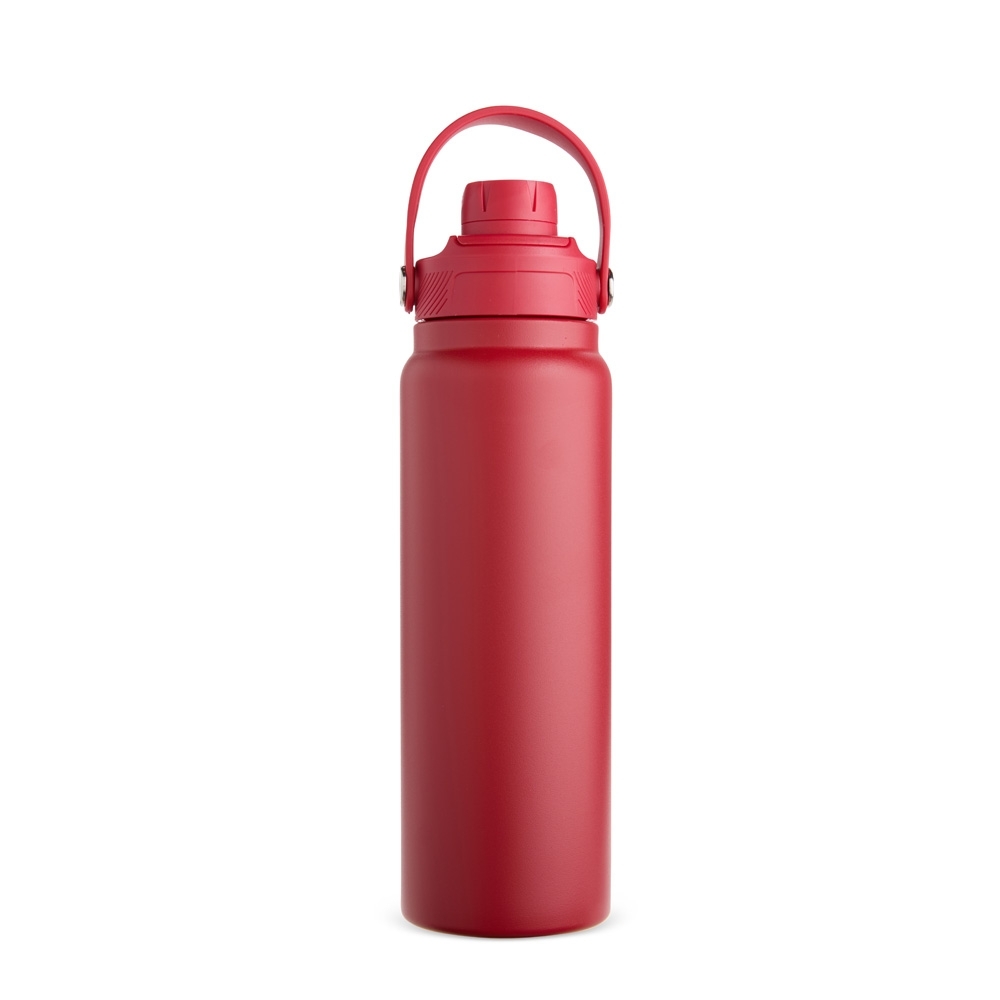 Garrafa térmica 800 ml de inox com protetor de bocal e alça em arco personalizada com a logo da empresa, na cor vermelho