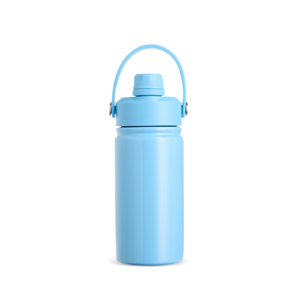 Garrafa térmica 400 ml de inox com canudo personalizada com a logo da empresa, na cor azul claro