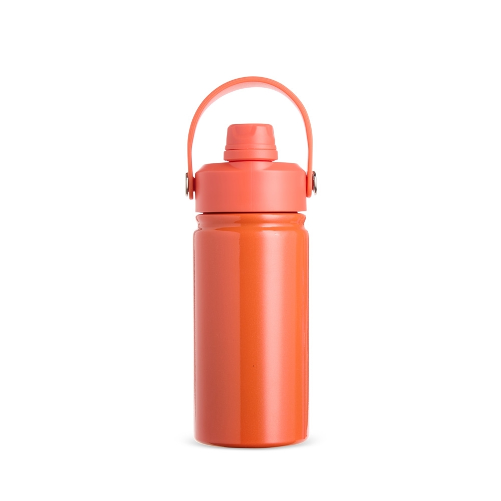 Garrafa térmica 400 ml de inox com canudo personalizada com a logo da empresa, na cor laranja