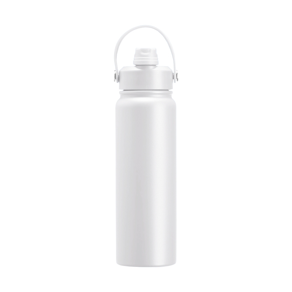 Garrafa térmica 800 ml de inox com canudo e alça maleável personalizada com a logo da empresa, na cor branco