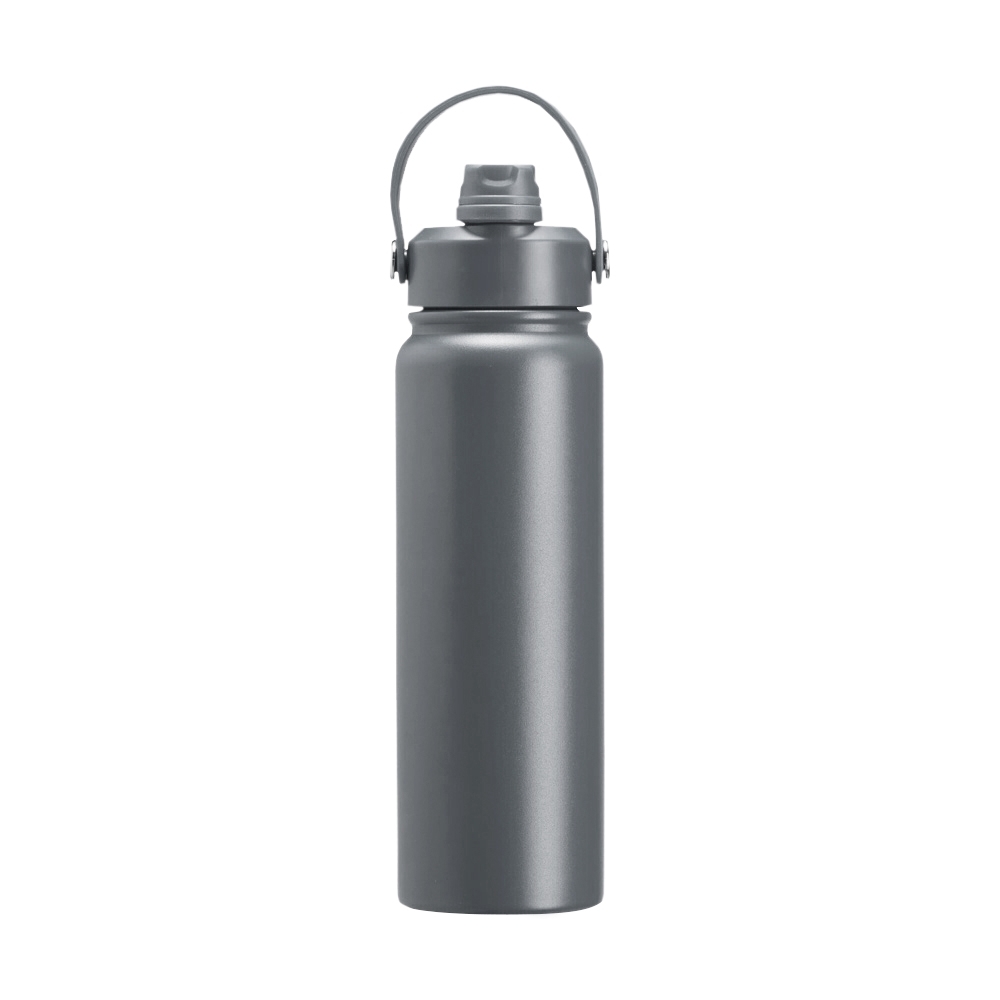 Garrafa térmica 800 ml de inox com canudo e alça maleável personalizada com a logo da empresa, na cor cinza