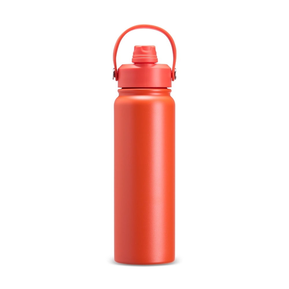 Garrafa térmica 800 ml de inox com canudo e alça maleável personalizada com a logo da empresa, na cor laranja