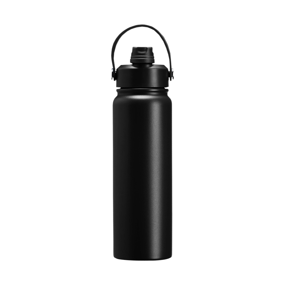Garrafa térmica 800 ml de inox com canudo e alça maleável na cor Preto, personalizada com a logo da empresa
