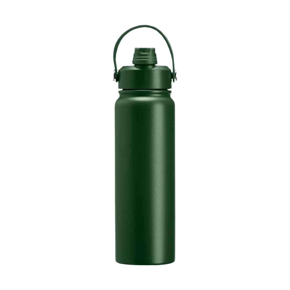 Garrafa térmica 800 ml de inox com canudo e alça maleável personalizada com a logo da empresa, na cor verde