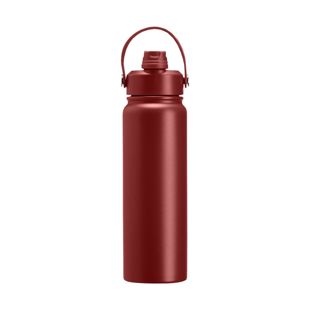Garrafa térmica 800 ml de inox com canudo e alça maleável personalizada com a logo da empresa, na cor vermelho