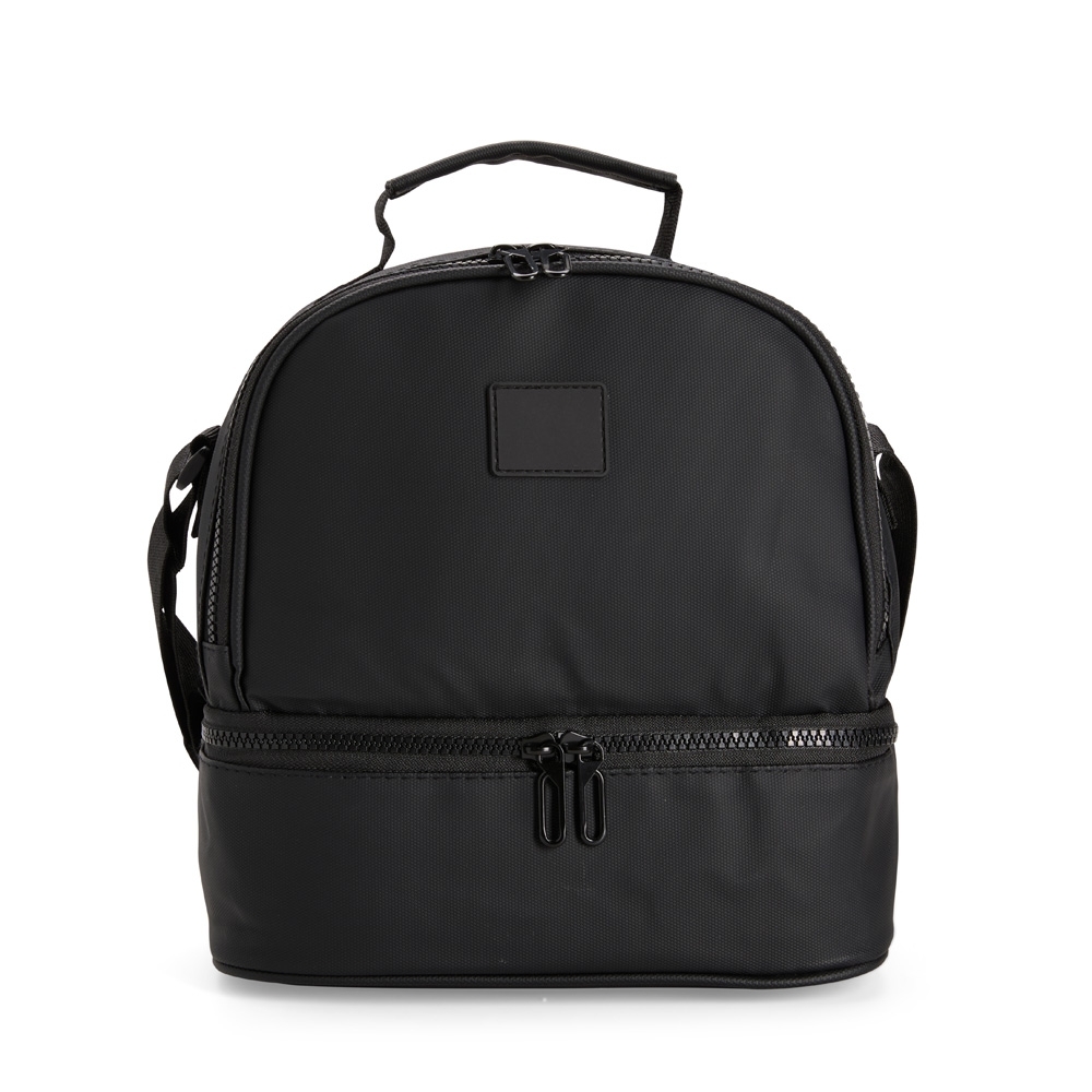Bolsa térmica dupla 7 litros de poliéster com 2 compartimentos na cor Preto, personalizada com a logo da empresa