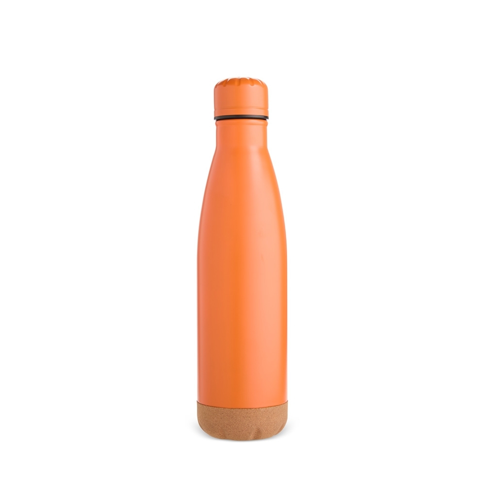 Garrafa térmica 500 ml de inox com base de cortiça personalizada com a logo da empresa, na cor laranja