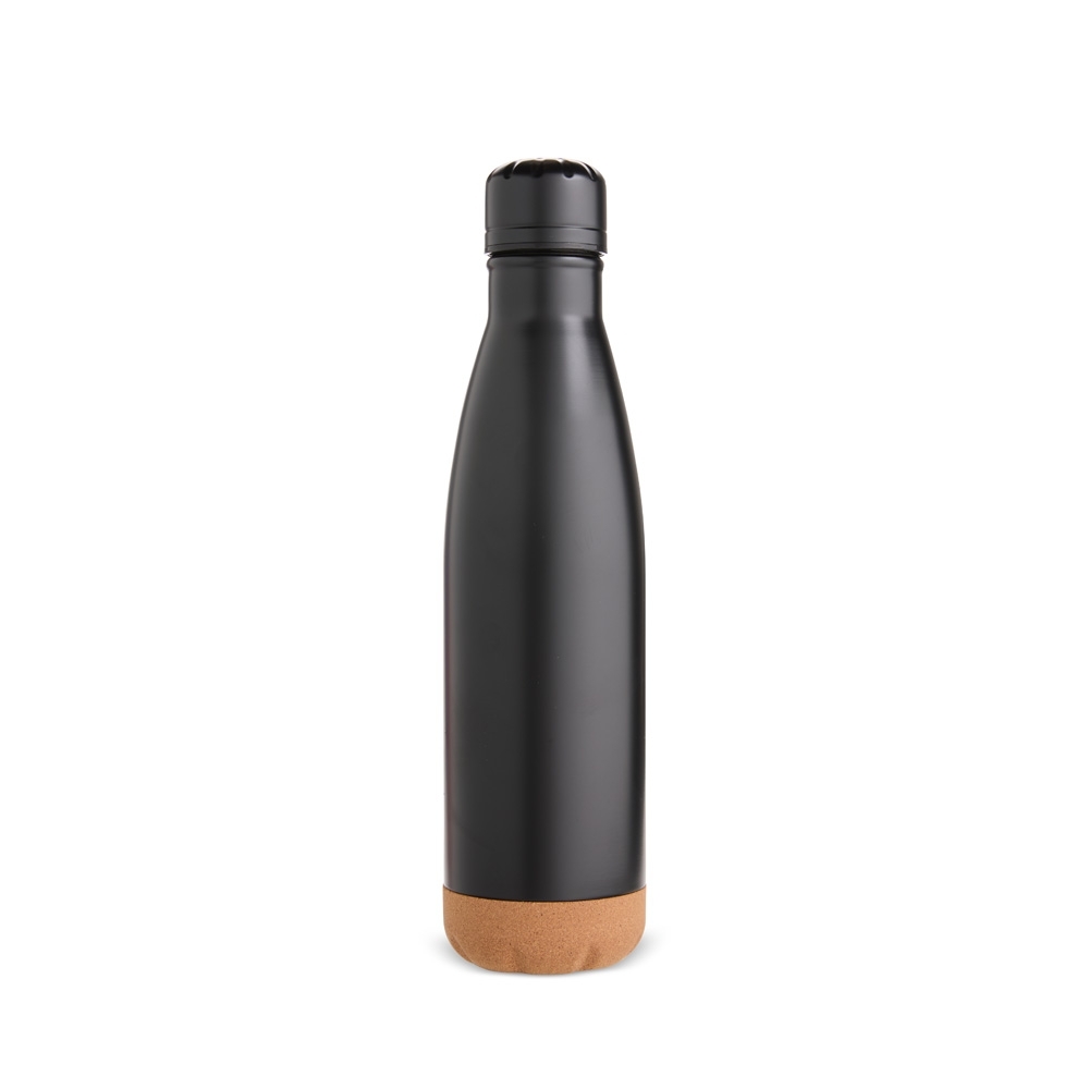 Garrafa térmica 500 ml de inox com base de cortiça na cor Preto, personalizada com a logo da empresa
