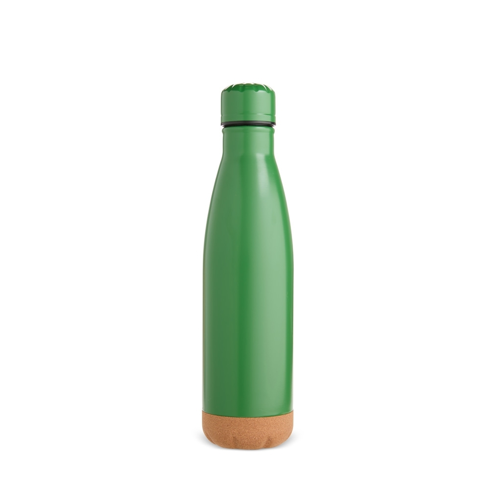 Garrafa térmica 500 ml de inox com base de cortiça personalizada com a logo da empresa, na cor verde