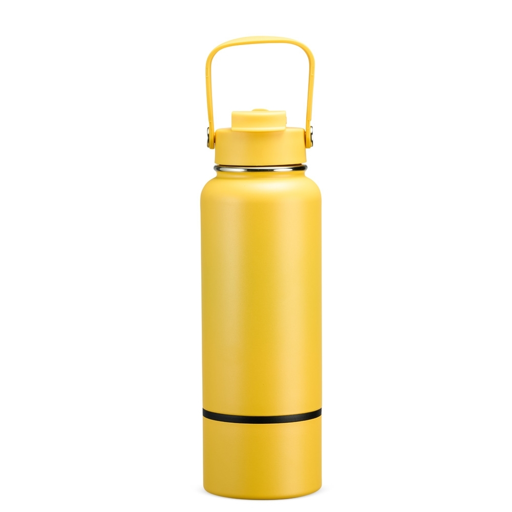 Garrafa térmica 800 ml de inox com canudo e fundo removível personalizada com a logo da empresa, na cor amarelo