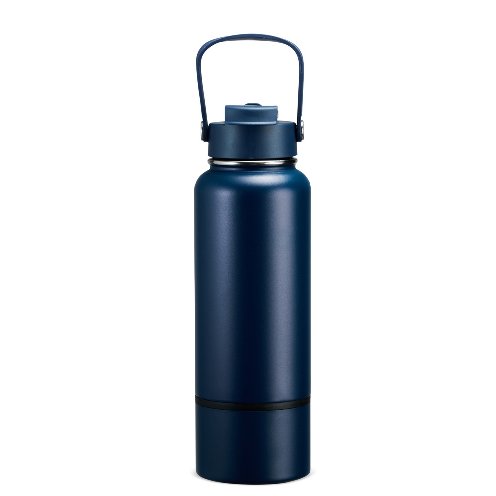 Garrafa térmica 800 ml de inox com canudo e fundo removível personalizada com a logo da empresa, na cor azul