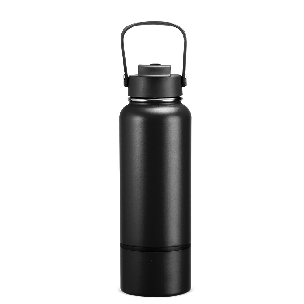 Garrafa térmica 800 ml de inox com canudo e fundo removível na cor Preto, personalizada com a logo da empresa