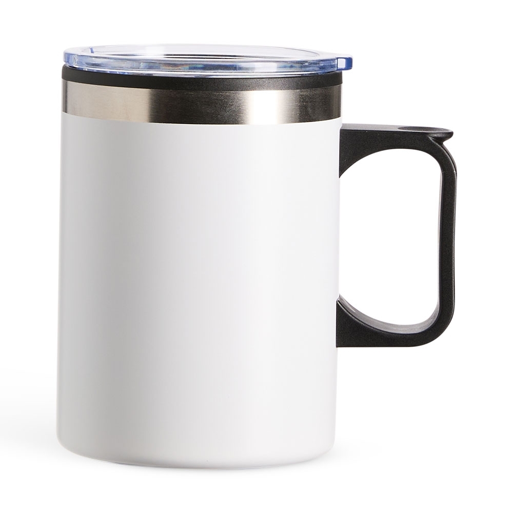 Caneca plástica 375 ml personalizada com a logo da empresa, na cor branco / inox