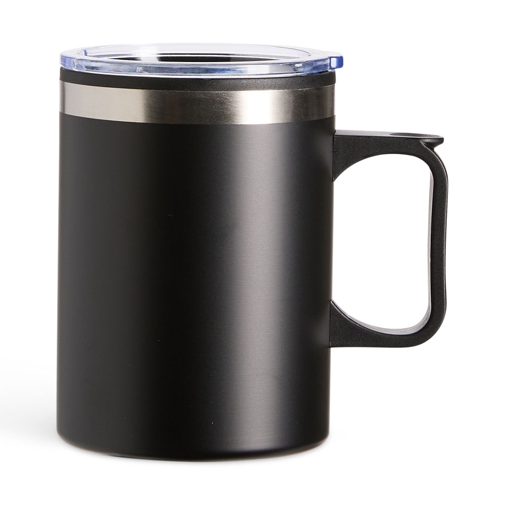 Caneca plástica 375 ml na cor Preto / Inox, personalizada com a logo da empresa