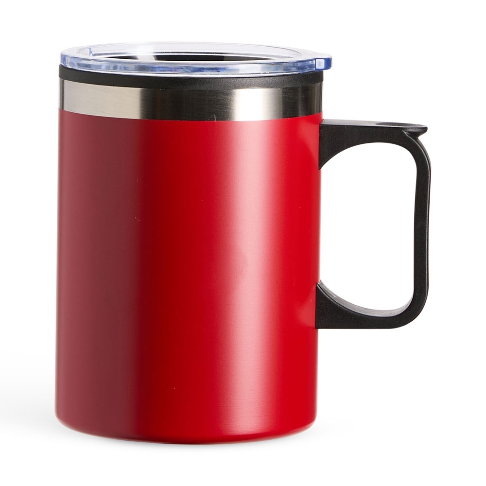 Caneca plástica 375 ml personalizada com a logo da empresa, na cor vermelho / inox