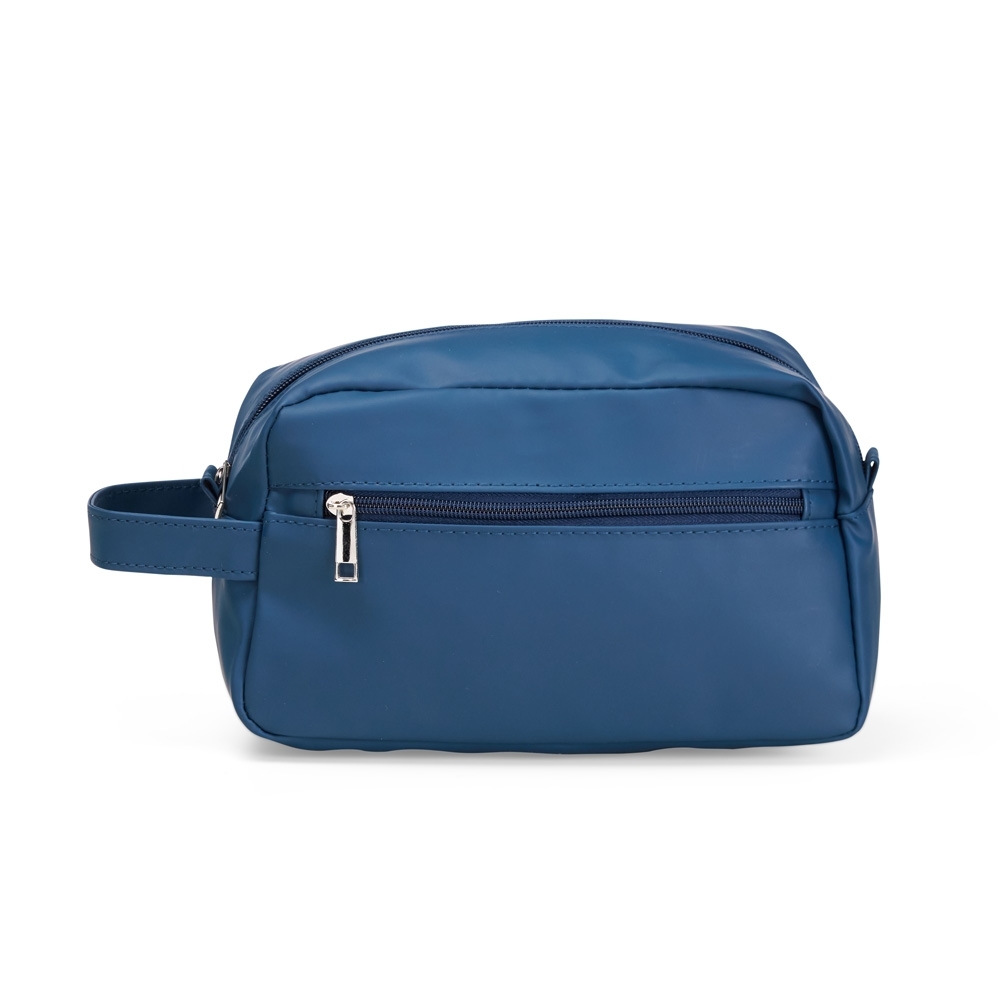 Nécessaire de couro sintético impermeável com bolso externo e alça personalizada com a logo da empresa