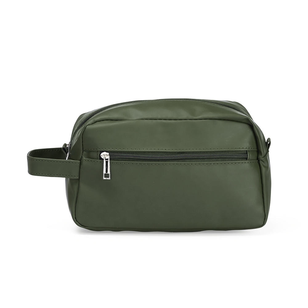 Nécessaire de couro sintético impermeável com bolso externo e alça personalizada com a logo da empresa, na cor verde