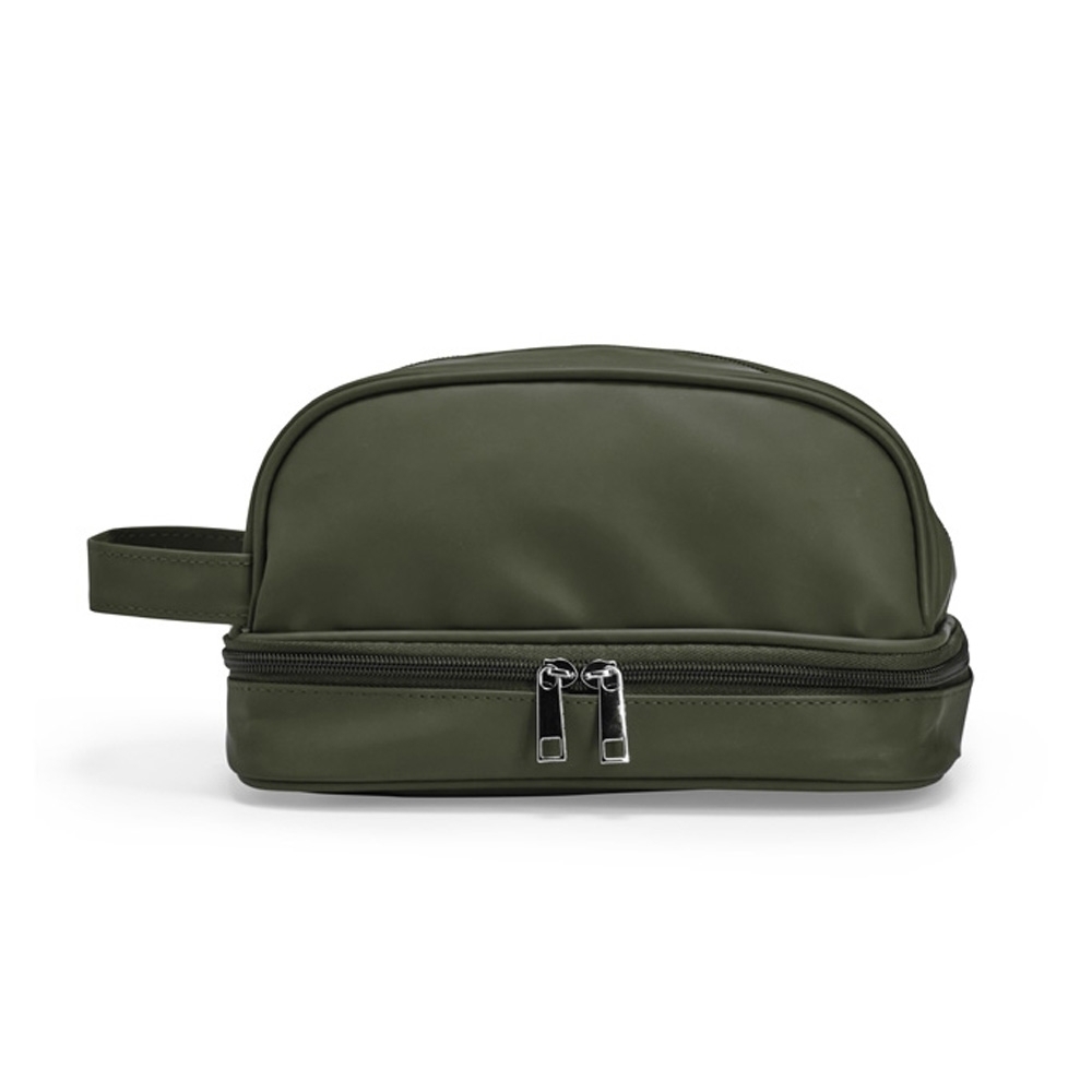 Nécessaire PU impermeável com 2 compartimentos (14 x 22,5 x 14 cm) personalizada com a logo da empresa, na cor verde