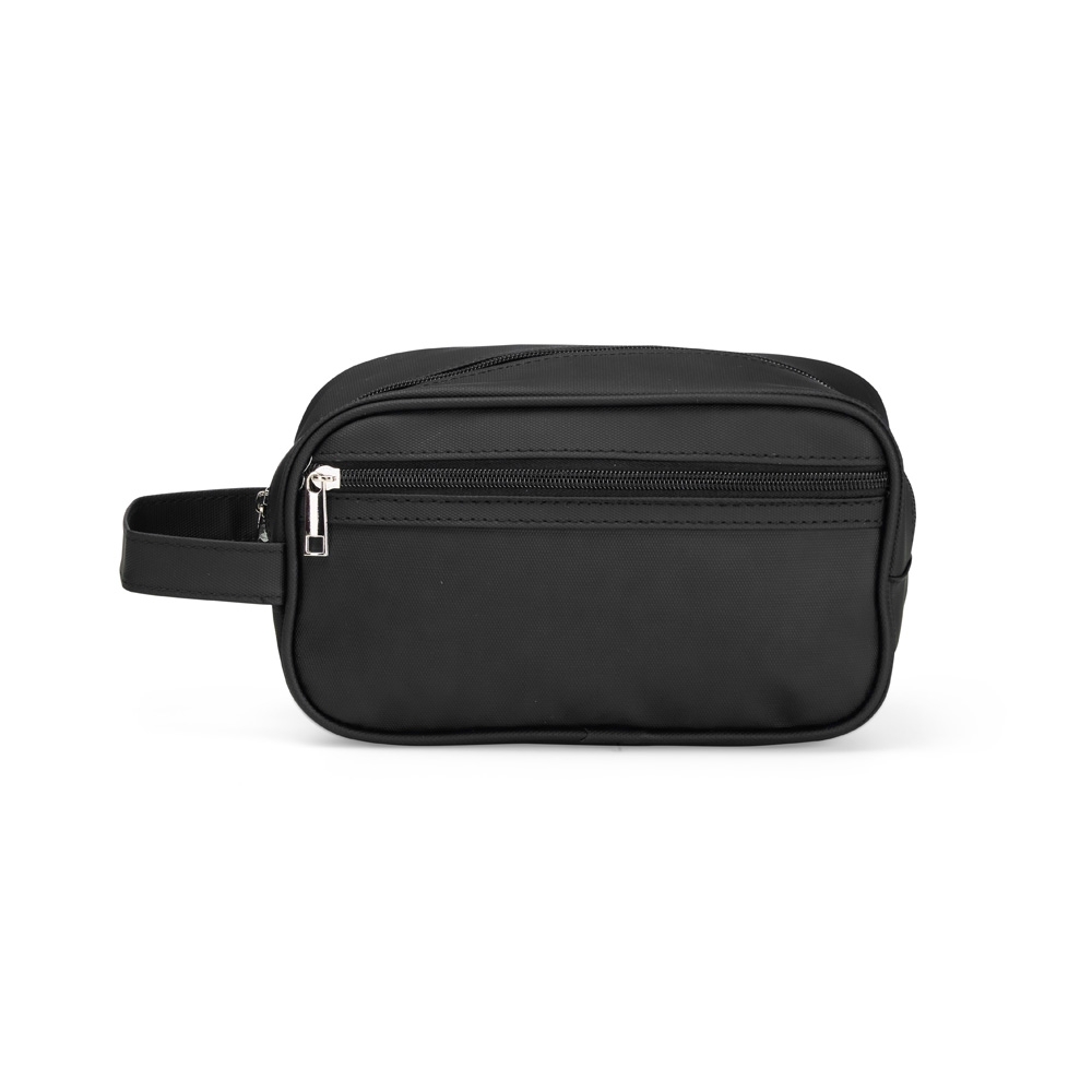 Nécessaire de couro sintético impermeável em dois tons com bolso na cor Preto, personalizada com a logo da empresa