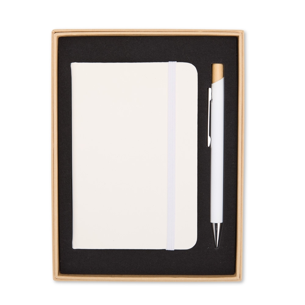 Kit executivo 2 peças com caderneta e caneta com detalhe em bambu na cor Branco, personalizado com a logo da empresa