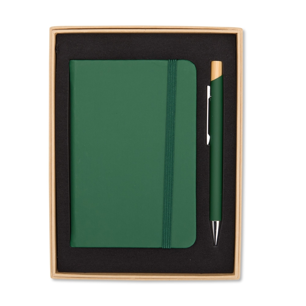 Kit executivo 2 peças com caderneta e caneta com detalhe em bambu na cor Verde, personalizado com a logo da empresa