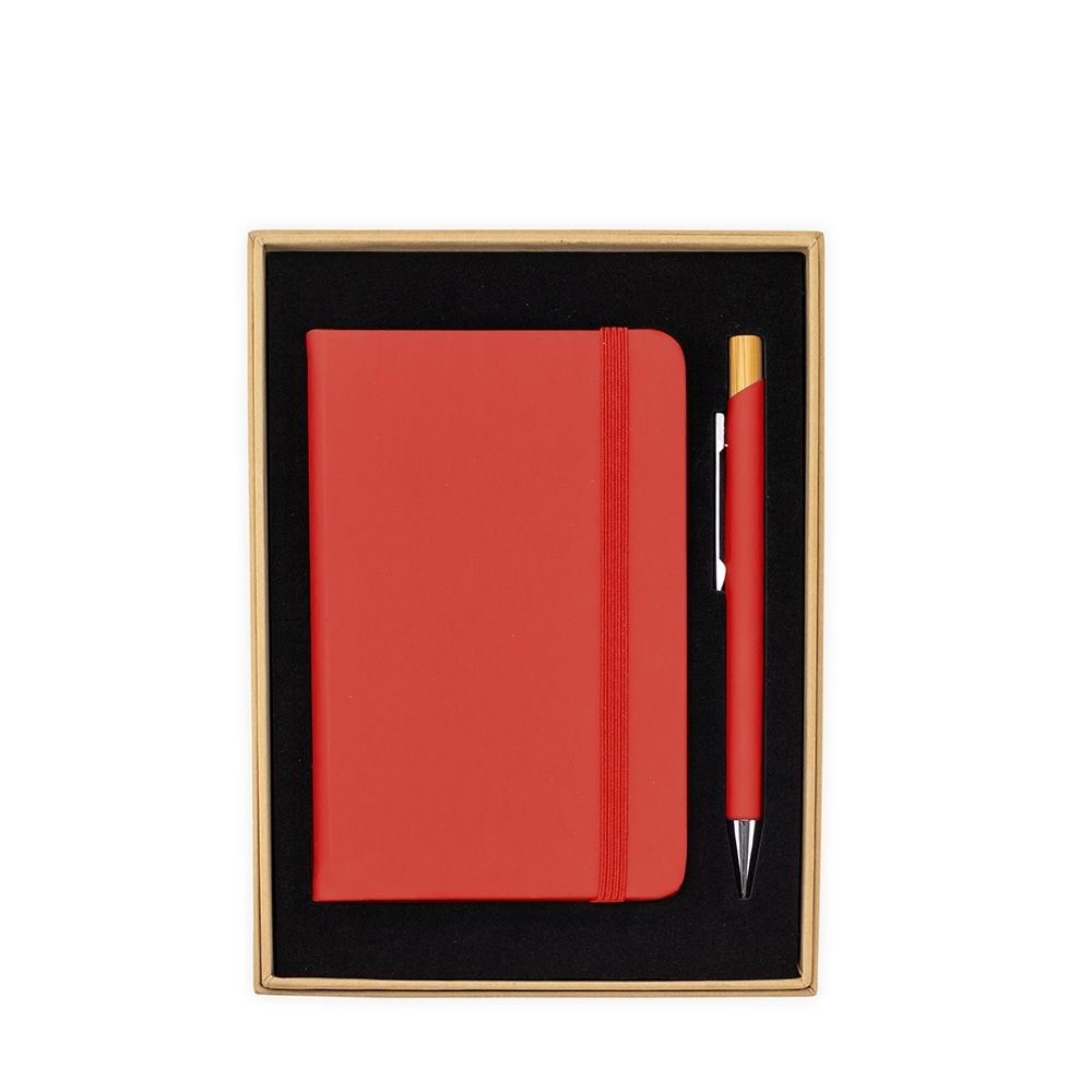 Kit executivo 2 peças com caderneta e caneta com detalhe em bambu personalizado com a logo da empresa, na cor vermelho