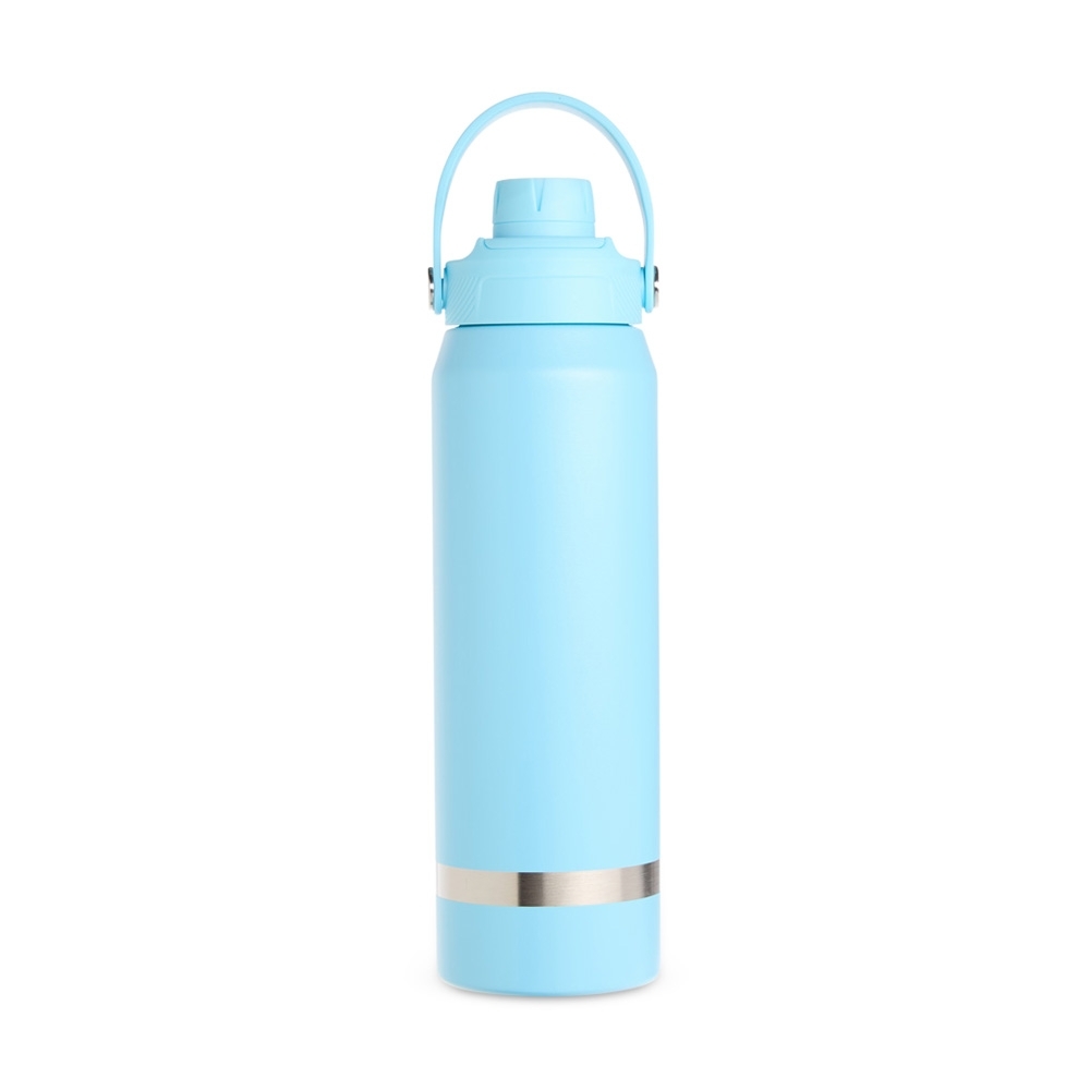 Garrafa térmica 800 ml de inox com alça em arco e anel na base personalizada com a logo da empresa