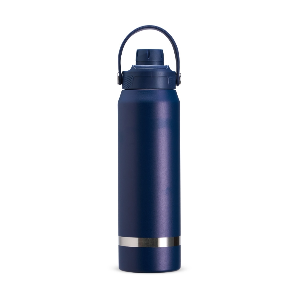 Garrafa térmica 800 ml de inox com alça em arco e anel na base personalizada com a logo da empresa, na cor azul