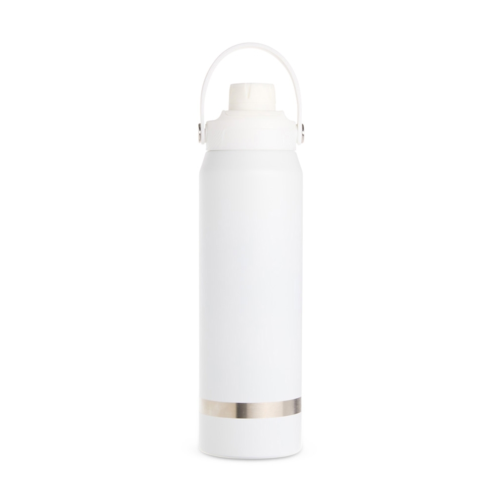 Garrafa térmica 800 ml de inox com alça em arco e anel na base personalizada com a logo da empresa, na cor branco