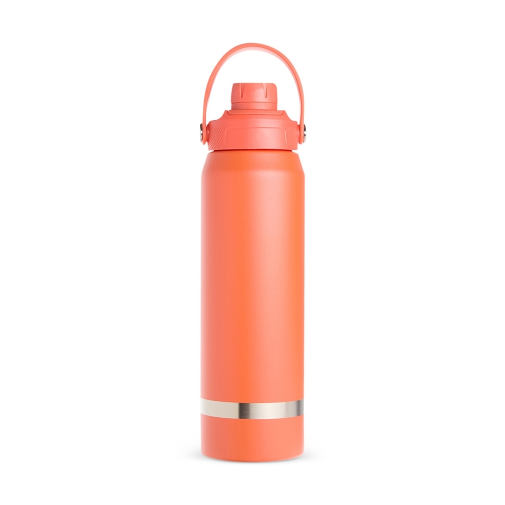 Garrafa térmica 800 ml de inox com alça em arco e anel na base personalizada com a logo da empresa, na cor laranja